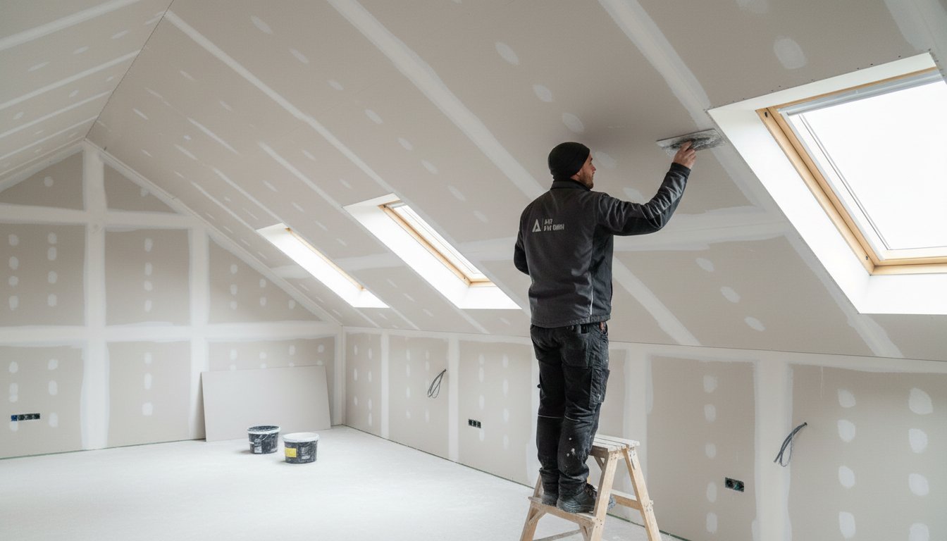 Dachgeschossausbau mit Trockenbau und Spachtelarbeiten in einem Wohnhaus in Wien