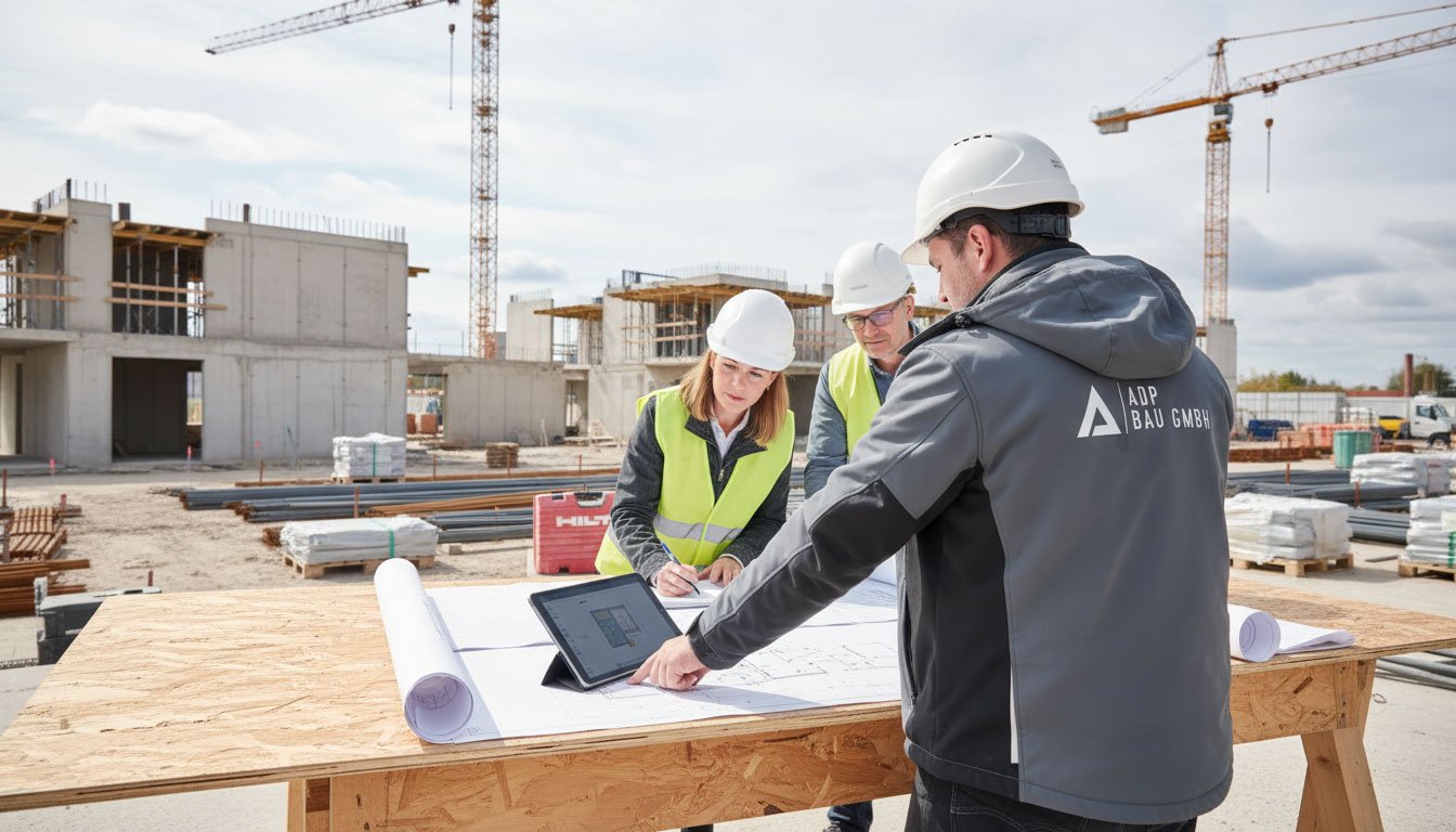 Bauleiter und Projektteam bei strukturierter Bauplanung auf einer Hochbaustelle in Wien und Niederösterreich